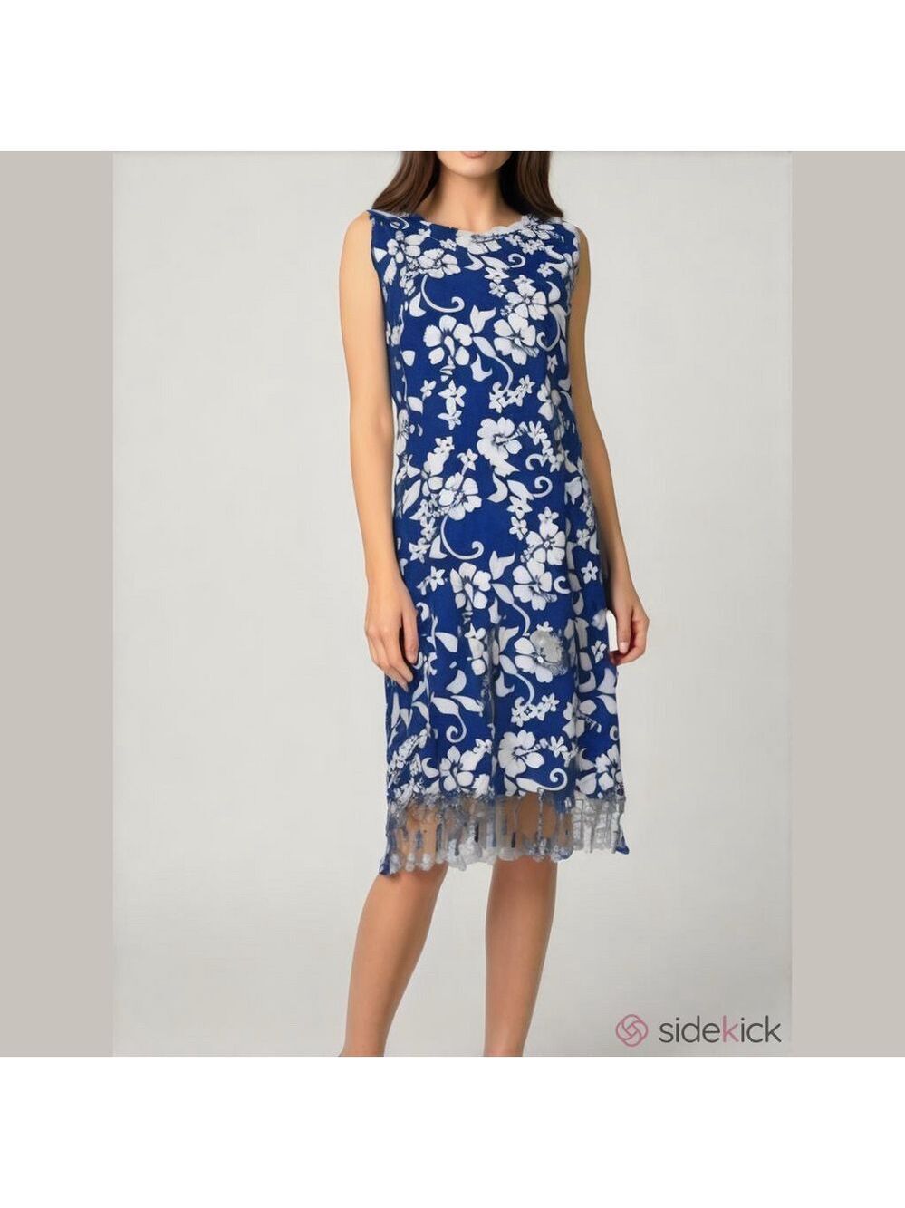 Tropical floral hibiscus print fringed rayon sleeveless dress size S